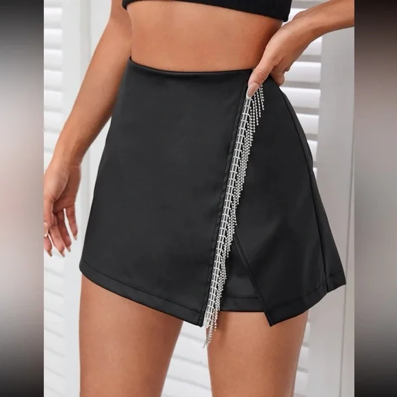Faux leather mini skirt shorts - skort,  rhinestone embellished fringe trim NWT - Picture 3 of 8
